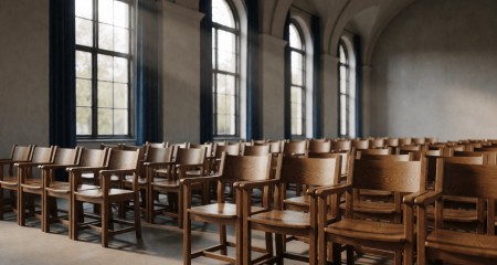 Lege zaal met rijen houten stoelen en hoge boogramen