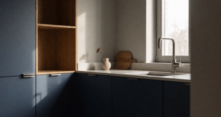 Pas gerenoveerde keukenhoek in een huurwoning met nieuw keukenblok