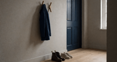 Gedeelde hal met twee jashaken en twee paar schoenen bij de deur