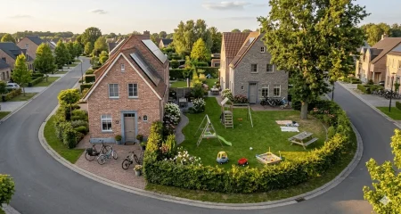 Luchtfoto van twee aaneengesloten Nederlandse gezinswoningen met tuinen die samenkomen, in warm middaglicht met kinderspeelgoed op het gras