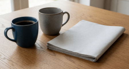 Twee koffiekopjes en een opgevouwen krant op een keukentafel