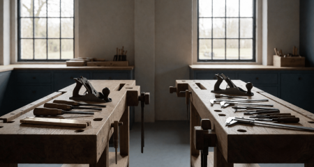 Twee werkbanken met het gereedschap in twee groepen verdeeld