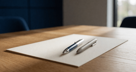 Twee pennen op één document op een vergadertafel