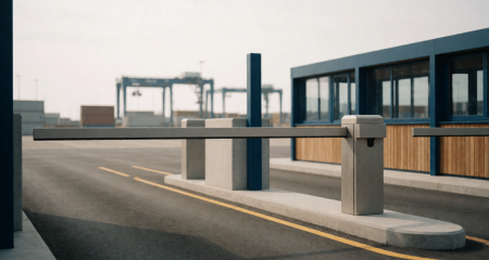 Toegangspoort van een containerterminal met een gesloten slagboom
