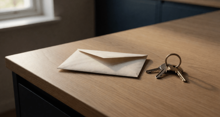 Ongeopende envelop op een keukenblad naast een sleutelbos