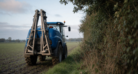 Veldspuit aan de rand van een akker naast een houtwal