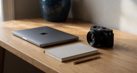Kleine thuisstudio met een laptop, camera en notitieboek