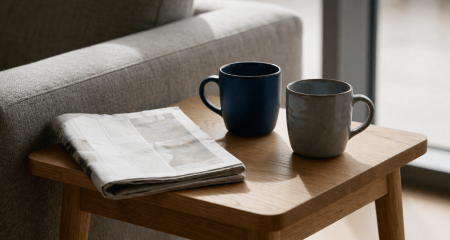 Twee mokken en een opgevouwen krant op een bijzettafel