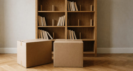 Woonkamer met een halfleeg boekenrek en twee verhuisdozen