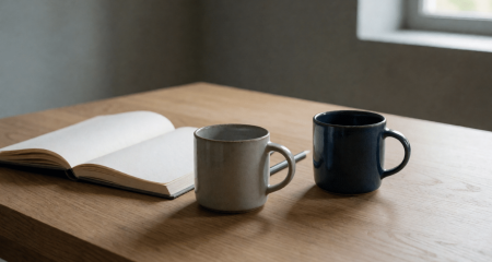Twee mokken en een gedeeld notitieboek op een keukentafel