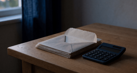 Stapel geopende enveloppen en een rekenmachine op een keukentafel