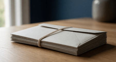 Stapel ongeopende enveloppen met een elastiek op een keukentafel