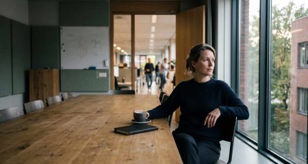 Een werkneemster zit alleen aan een vergadertafel bij het raam, terwijl op de achtergrond het werk doorgaat.