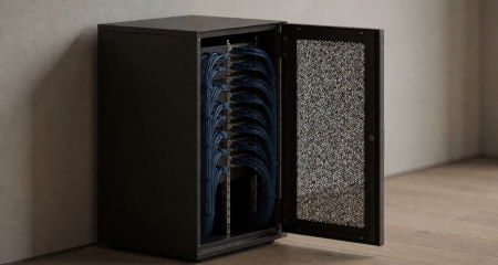 Halfopen serverkast met nette bekabeling in een kleine ruimte