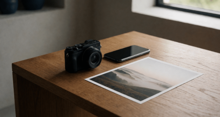Camera en telefoon naast elkaar op een bureau bij een afgedrukte foto