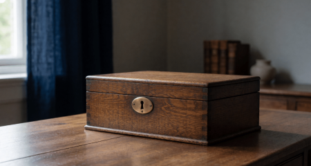 Gesloten houten documentenkistje met koperen slot op een bureau