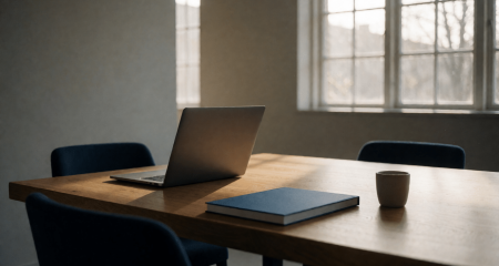 Vergadertafel met een laptop aan de ene en een dik document aan de andere kant