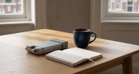 Startupbureau met een prototype, notitieboek en een koffiekop