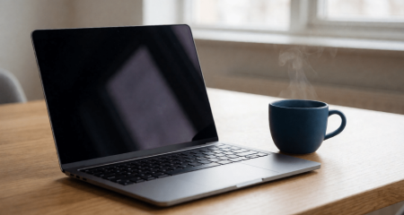 Startupkantoor met een laptop, koffiekop en blanco memobriefjes