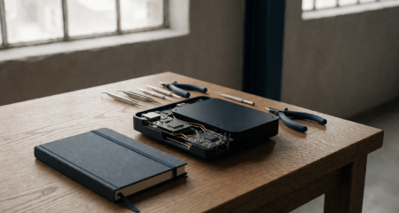 Werkbank met een prototype, gesloten notitieboek en klein gereedschap