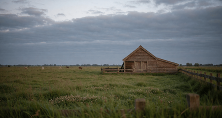 Nederlandse boerderij met een schuur en weiland onder een brede lucht