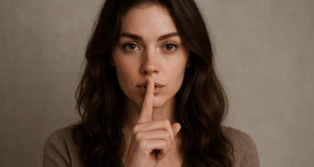 Vrouw met vinger voor de lippen.