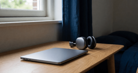 Bureau met een dichtgeklapte laptop en een koptelefoon in een slaapkamer