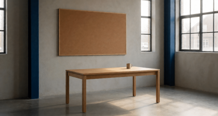 Magazijnkantoor met een blanco mededelingenbord en een bureau