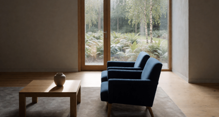 Rustige gemeenschappelijke ruimte met fauteuils en uitzicht op een tuin