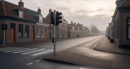 Leeg kruispunt met verkeerslichten op een grijze ochtend
