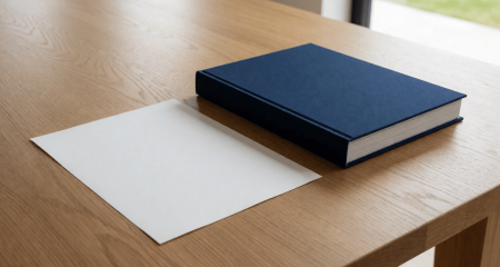 Los vel papier naast een dik ingebonden document op een vergadertafel