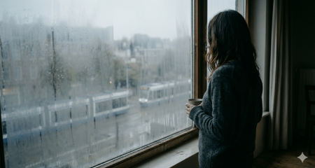 Vrouw bij raam die intieme terreur en dwingende controle binnen een relatie symboliseert tijdens een echtscheiding