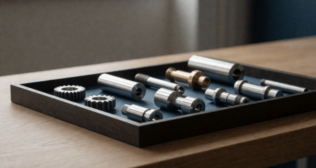 Bewerkte metalen onderdelen in een bak op een productiebank