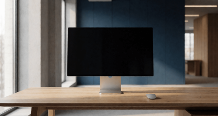 Beeldscherm met leeg scherm en een muis op een opgeruimd bureau