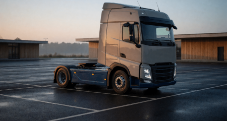 Vrachtwagen op een verzorgingsplaats bij het ochtendgloren