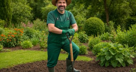 Tuinman met schop in groene tuin
