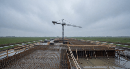 Bouwplaats van een betonnen kunstwerk met bekisting, wapening en een kraan