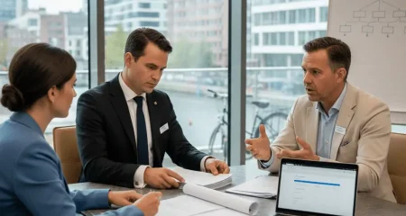 Zakelijke vergadering waarbij een advocaat en twee cliënten een arbeidscontract bespreken in een modern Nederlands kantoor, passend bij advies over de Wet toelating terbeschikkingstelling van arbeidskrachten.