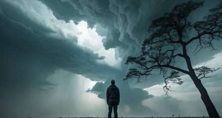 Man kijkt naar dreigende wolken