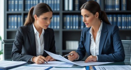 Twee vrouwen bespreken documenten samen.