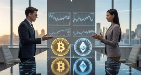 Twee mensen bespreken cryptocurrency trends.