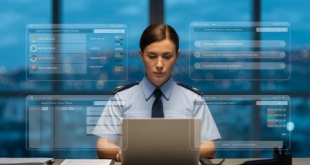 Persoon achter computer met schermen