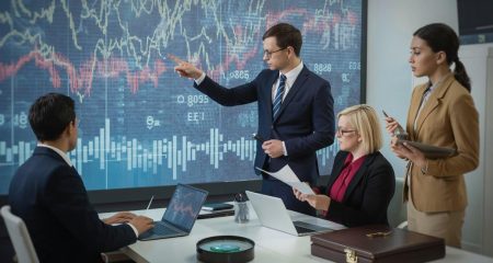 Vergadering over financiële gegevens en analyses.