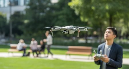 Drone vliegt boven parkachtige omgeving.