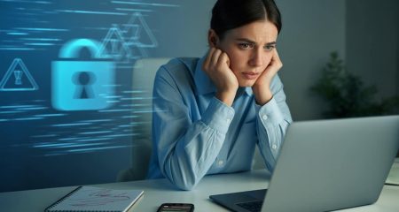 Persoon werkt gefrustreerd achter computer.