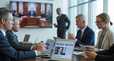 Vergadering met nieuws op scherm