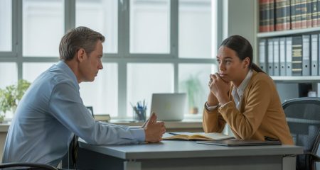 Een gesprek tussen een reclasseringsambtenaar en een cliënt in een kantooromgeving.