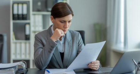 Vrouw in zakelijke omgeving met documenten.