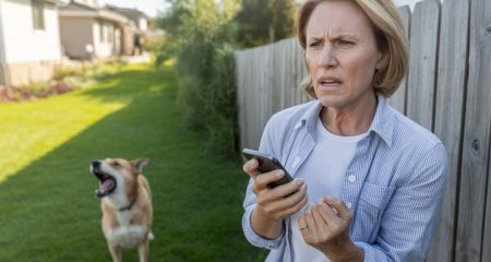 Boze buurman staat bij een houten schutting terwijl een blaffende hond in de tuin erachter te zien is.