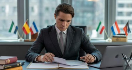 Een Nederlandse advocaat die geconcentreerd juridische documenten bekijkt in een modern kantoor met internationale vlaggen op de achtergrond.